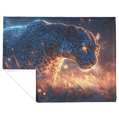 Leopard Hunting Under Glowing Moonlight in Open Savanna with Misty Grass Fleece Sherpa Blanket - Awakening Righteousness