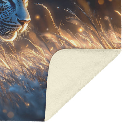 Leopard Hunting Under Glowing Moonlight in Open Savanna with Misty Grass Fleece Sherpa Blanket - Awakening Righteousness