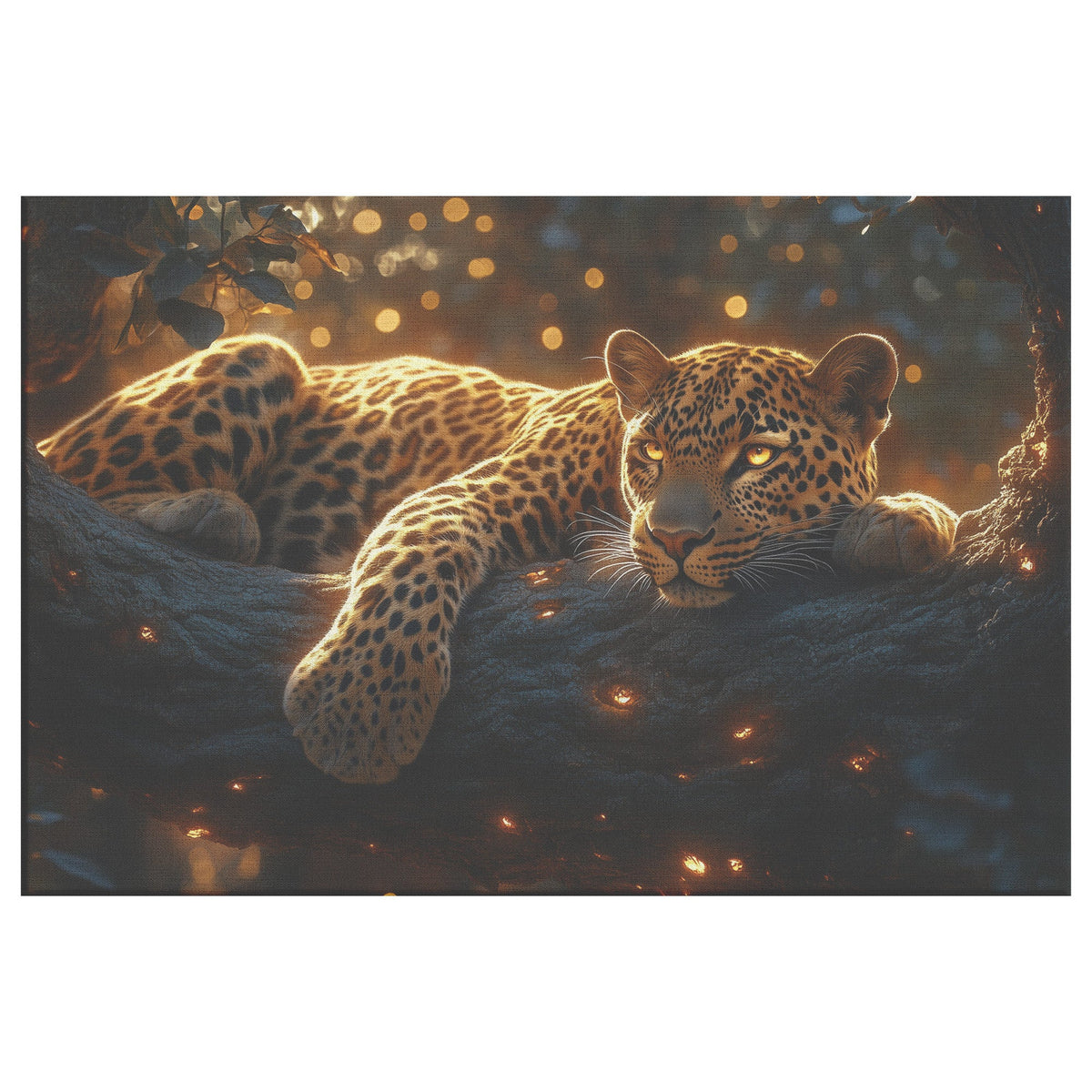 Leopard Resting Gracefully on Ancient Tree Branch Canvas Wall Art Decor Under Golden Sunlight with Intricate Fur Patterns - Awakening Righteousness