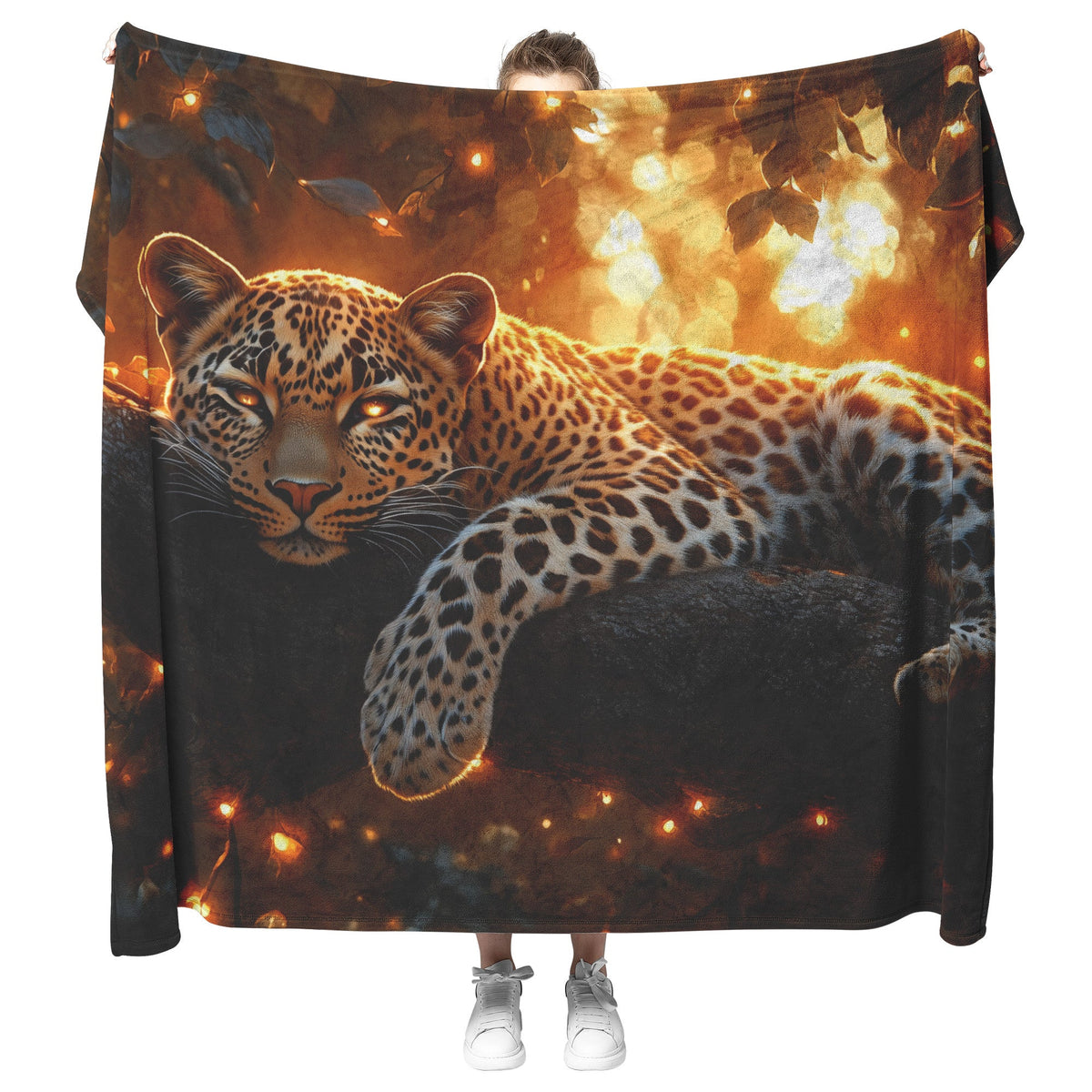 Leopard Resting Gracefully on Ancient Tree Branch Under Golden Sunlight Fleece Sherpa Blanket Elegant and Soft - Awakening Righteousness