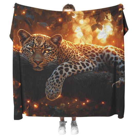 Leopard Resting Gracefully on Ancient Tree Branch Under Golden Sunlight Fleece Sherpa Blanket Elegant and Soft - Awakening Righteousness