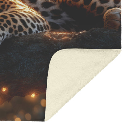 Leopard Resting on Branch of Ancient Acacia Tree Under Golden Sunlight Intricate Fur Details Sherpa Blanket - Awakening Righteousness