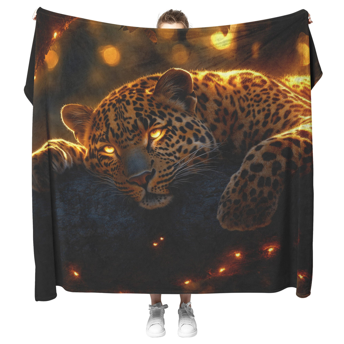 Leopard Resting on Branch of Ancient Acacia Tree Under Golden Sunlight Intricate Fur Details Sherpa Blanket - Awakening Righteousness