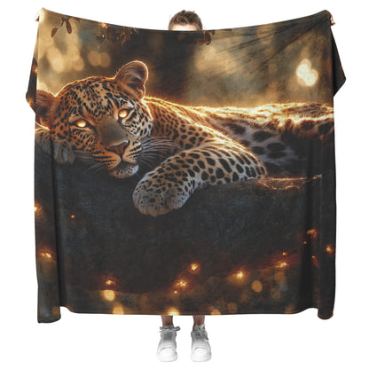 Leopard Resting on Branch of Ancient Acacia Tree Under Golden Sunlight Intricate Fur Details Sherpa Blanket - Awakening Righteousness