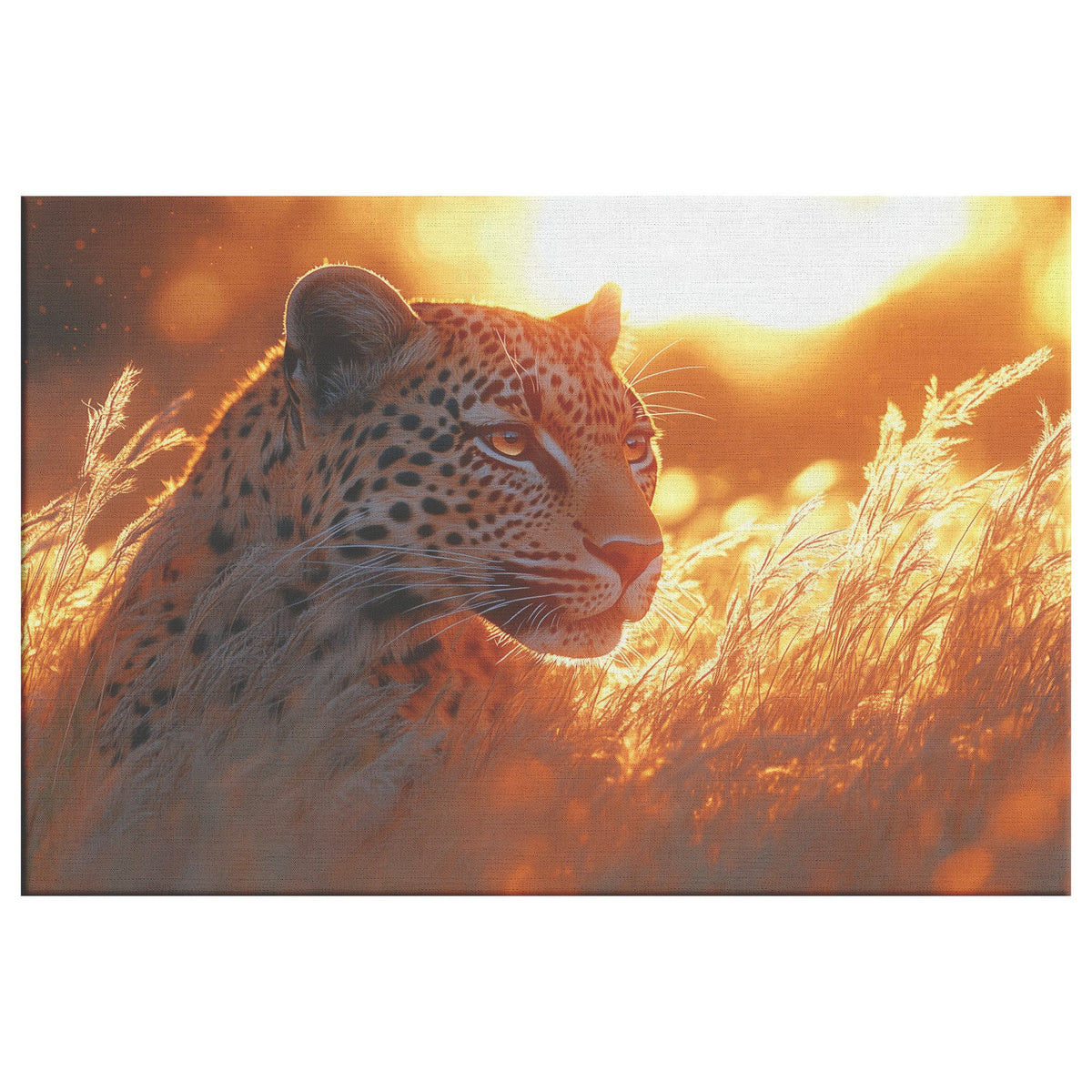 Leopard Stalking Through Tall Golden Grass Canvas Wall Art Decor Under Vibrant Sunset with Dynamic Lighting - Awakening Righteousness