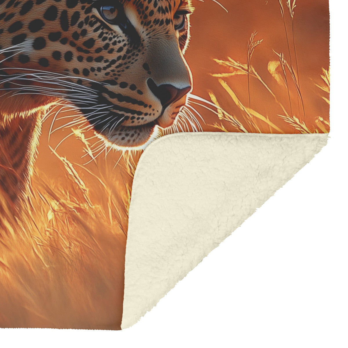 Leopard Stalking Through Tall Golden Grass Under Vibrant Sunset Fleece Sherpa Blanket - Awakening Righteousness