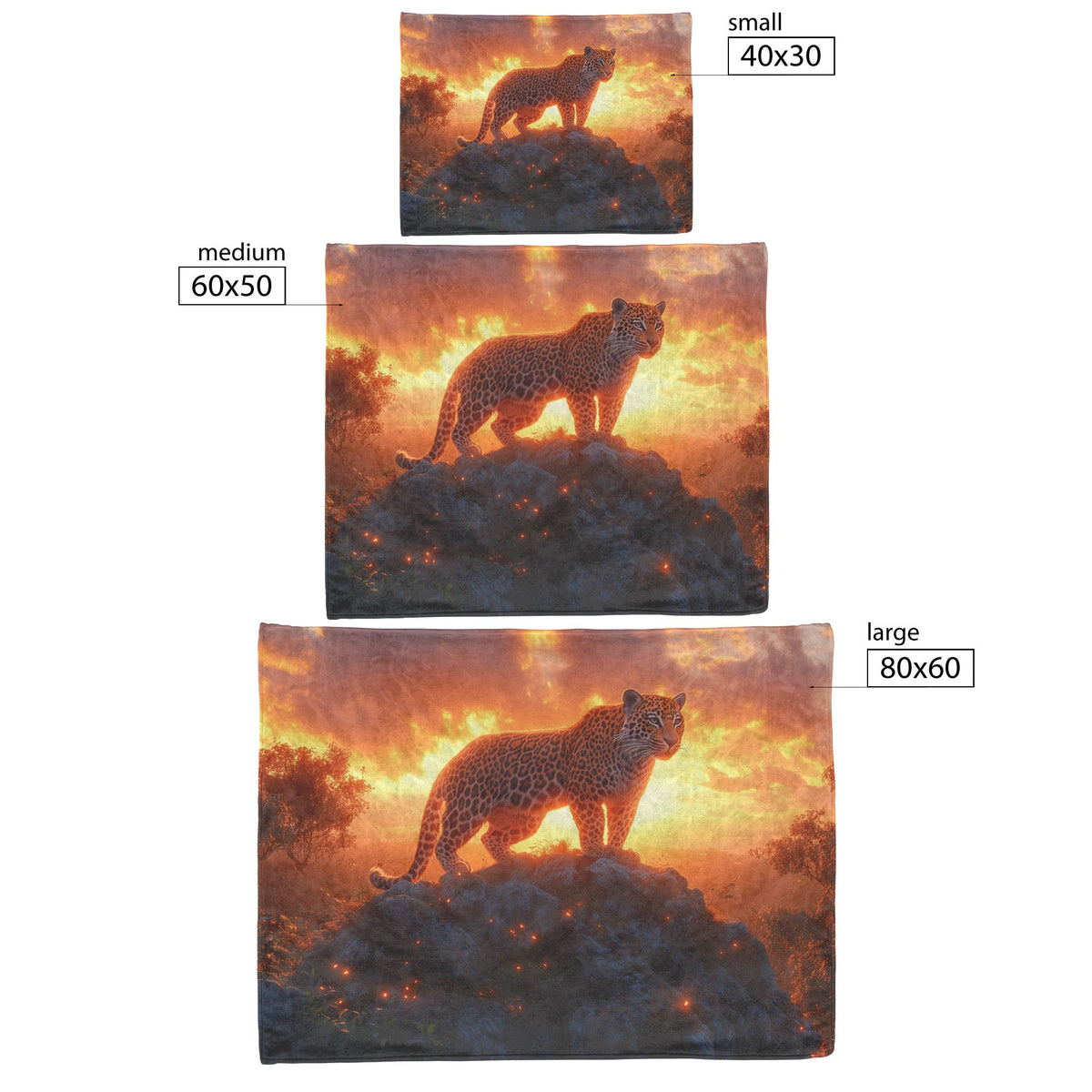 Leopard Standing Atop Rocky Outcrop with Glowing Orange Clouds Under Sunset Fleece Sherpa Blanket - Awakening Righteousness