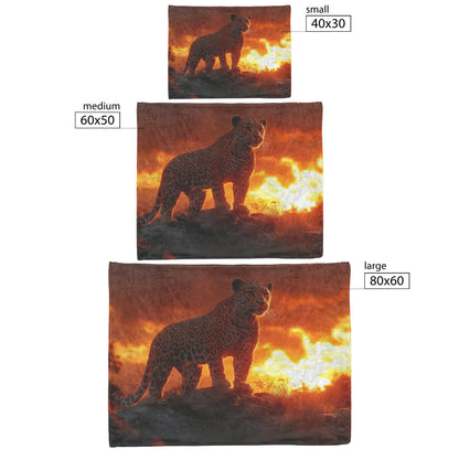 Leopard Standing Atop Rocky Outcrop with Glowing Orange Clouds Under Sunset Fleece Sherpa Blanket - Awakening Righteousness