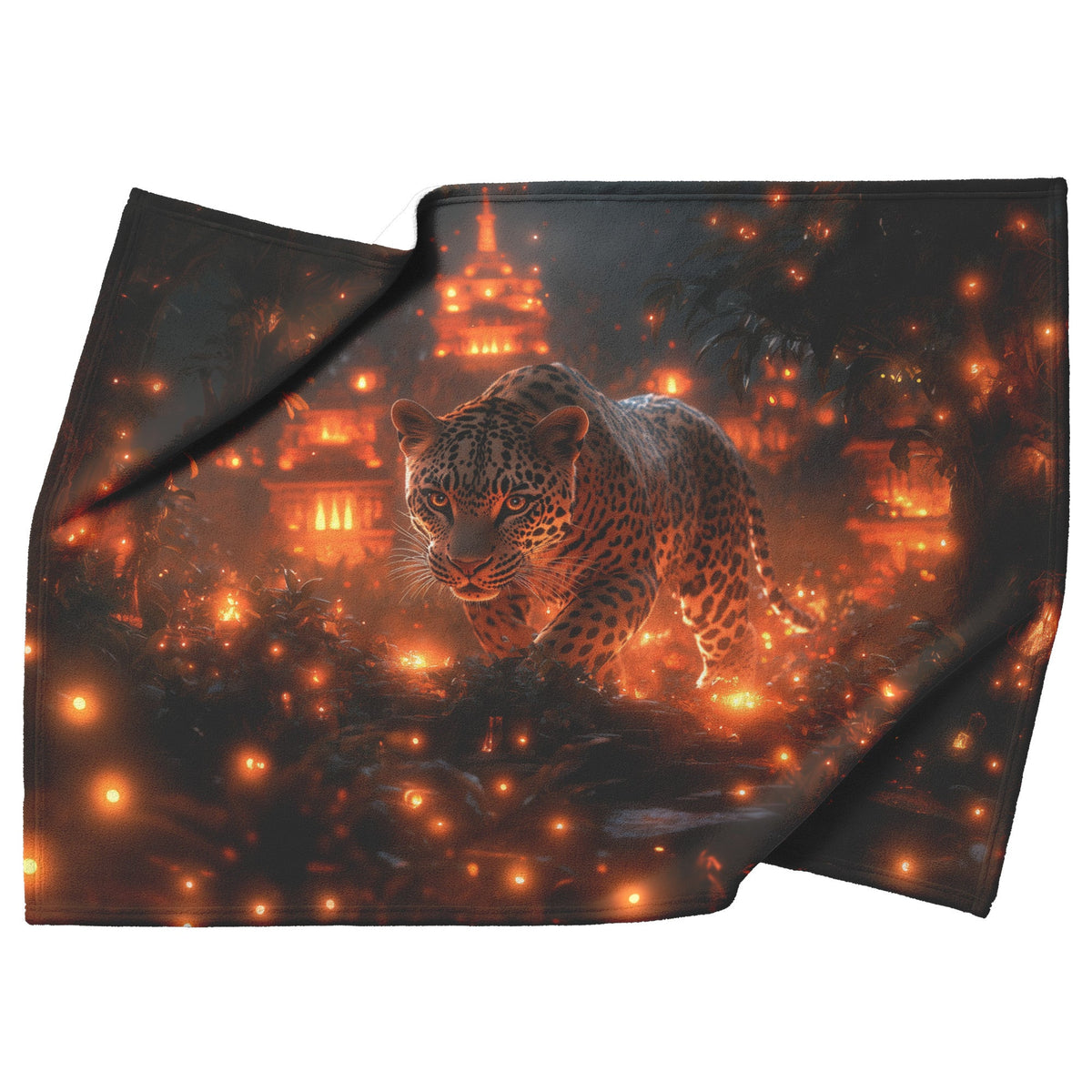 Leopard Walking Through Glowing Ancient Jungle Ruins Under Twilight Sky Fleece Sherpa Blanket Magical and Soft - Awakening Righteousness