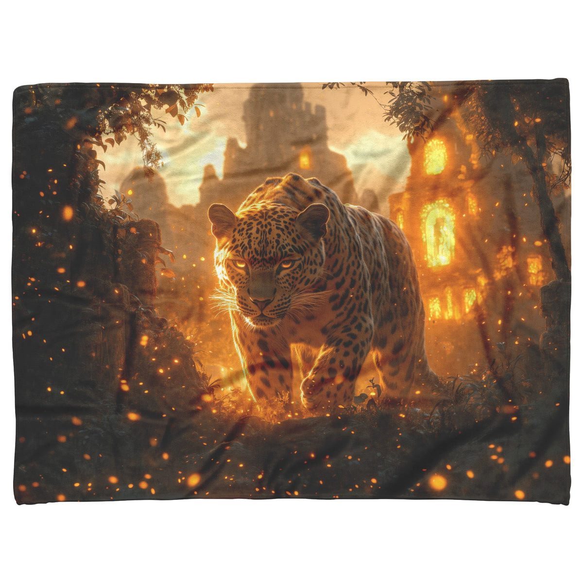 Leopard Walking Through Glowing Ancient Jungle Ruins Under Twilight Sky Fleece Sherpa Blanket Magical and Soft - Awakening Righteousness