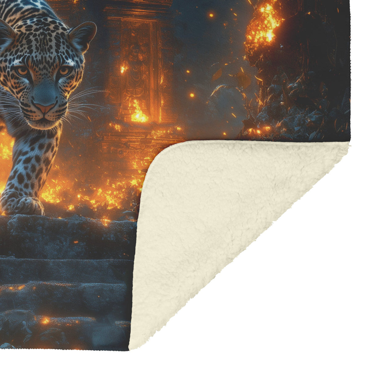 Leopard Walking Through Glowing Ancient Jungle Ruins Under Twilight Sky Fleece Sherpa Blanket Magical and Soft - Awakening Righteousness