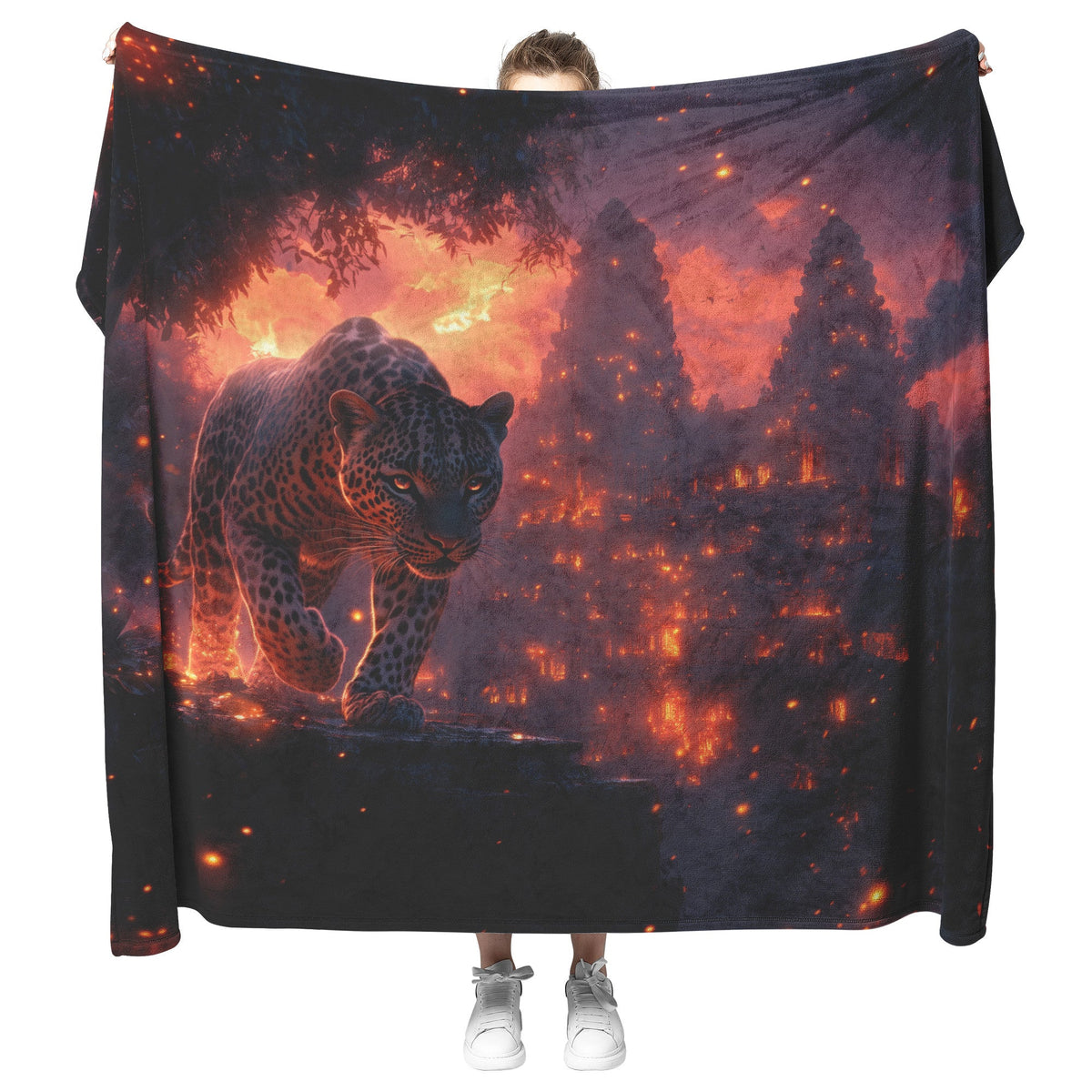Leopard Walking Through Glowing Ancient Jungle Ruins Under Twilight Sky Fleece Sherpa Blanket Magical and Soft - Awakening Righteousness