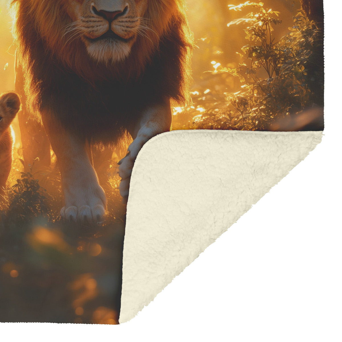Lion and Cubs Walking Through Glowing African Forest with Vibrant Plants and Golden Sunlight Fleece Sherpa Blanket - Awakening Righteousness
