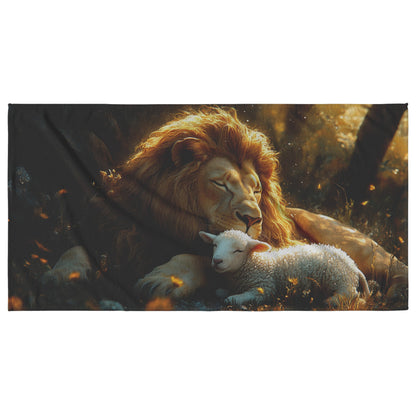 Lion and Lamb Resting in Harmony Christian Beach Towel Faith Symbol of Peace and Strength - Awakening Righteousness