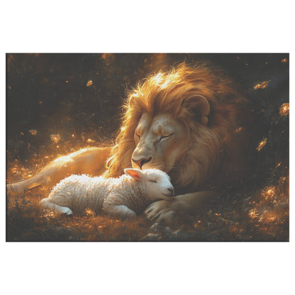 Lion and Lamb Resting Together Inspirational Christian Canvas Wall Art for Peaceful Faith-Based Home Decor - Awakening Righteousness