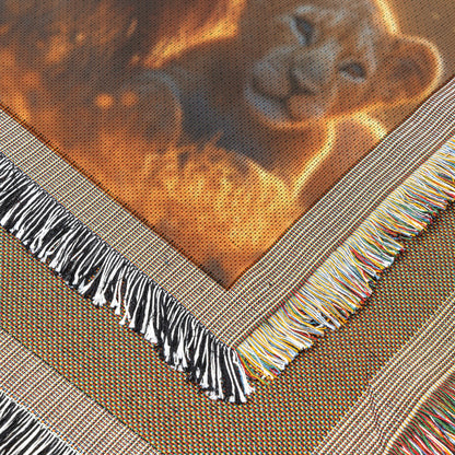 Lion Family Resting in Glowing Golden Grass with Morning Mist and Warm Sunlight Woven Throw Blanket - Awakening Righteousness