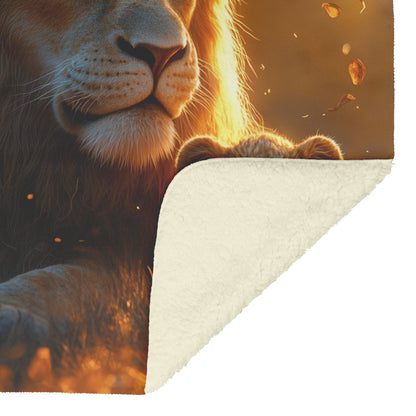 Lion Family Resting in Golden Grass with Morning Mist and Warm Sunlight Fleece Sherpa Blanket - Awakening Righteousness