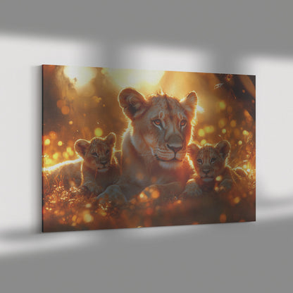 Lion Family Resting Peacefully in Glowing Golden Grass Surrounded by Morning Mist and Warm Sunlight Canvas Wall Art - Awakening Righteousness
