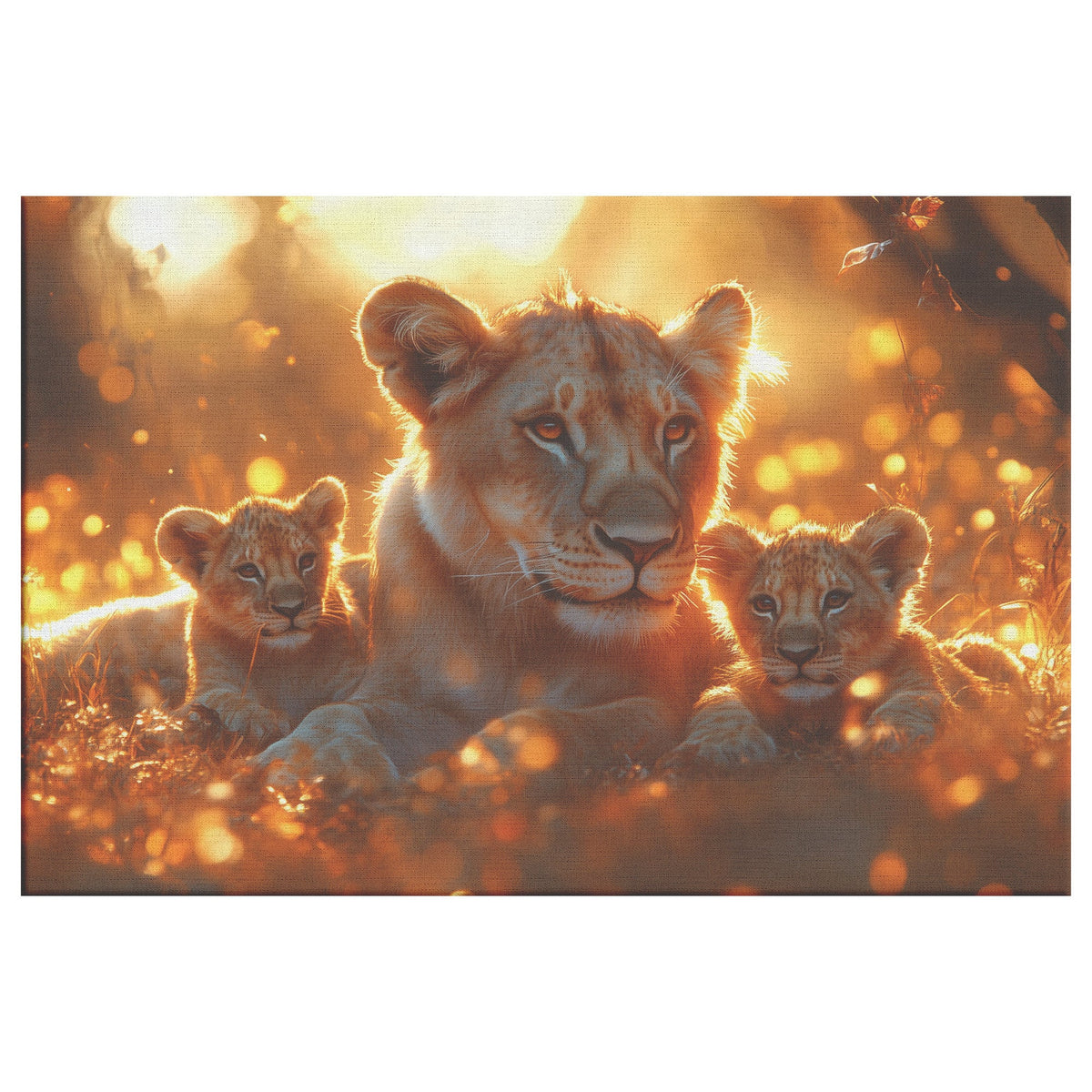 Lion Family Resting Peacefully in Glowing Golden Grass Surrounded by Morning Mist and Warm Sunlight Canvas Wall Art - Awakening Righteousness