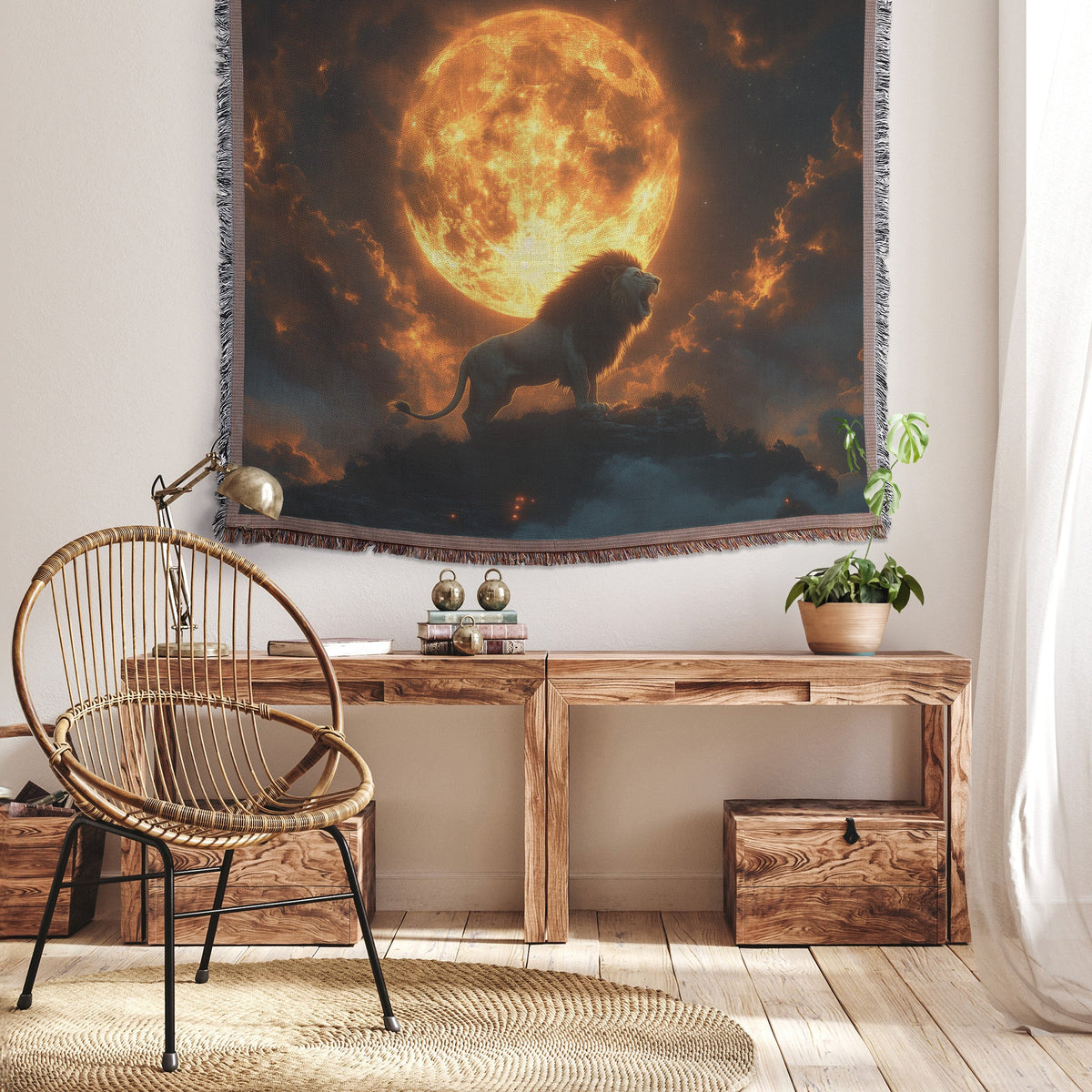 Lion Roaring Against Full Moon on Hilltop with Glowing Clouds and Swirling Mist Woven Throw Blanket - Awakening Righteousness