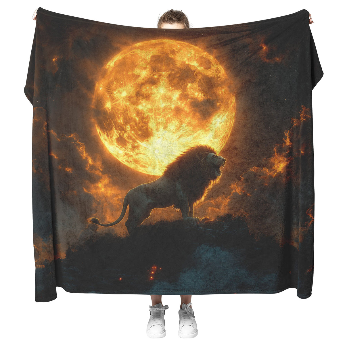 Lion Roaring on Hilltop Against Full Moon with Glowing Clouds and Swirling Mist Fleece Sherpa Blanket - Awakening Righteousness