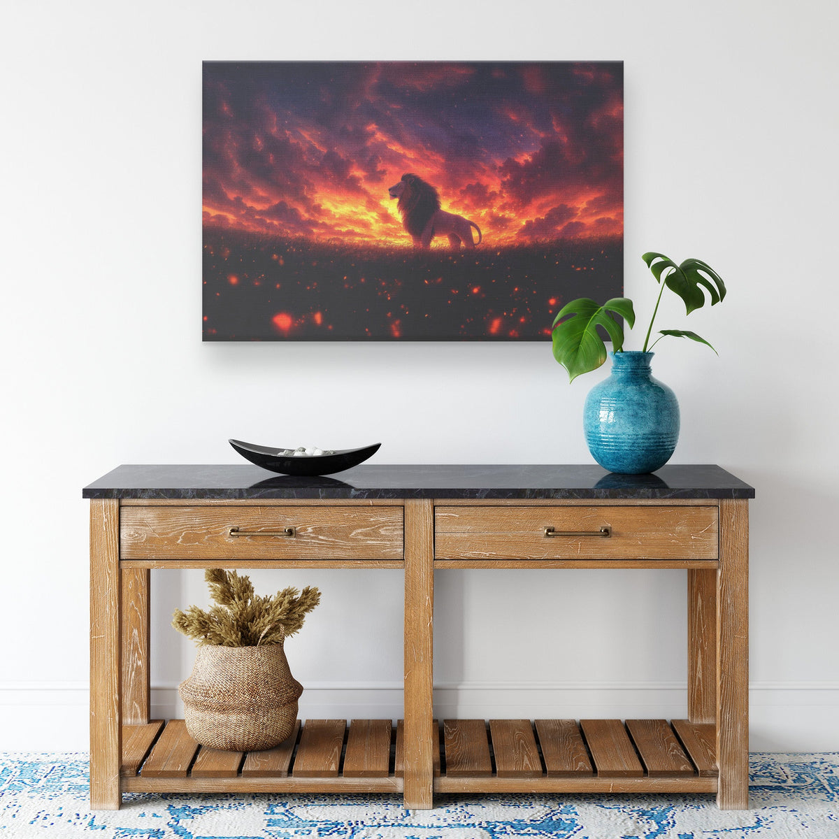 Lion Silhouetted Against Glowing Orange and Purple Twilight Sky Surrounded by Swirling Golden Mist Canvas Wall Art Decor - Awakening Righteousness