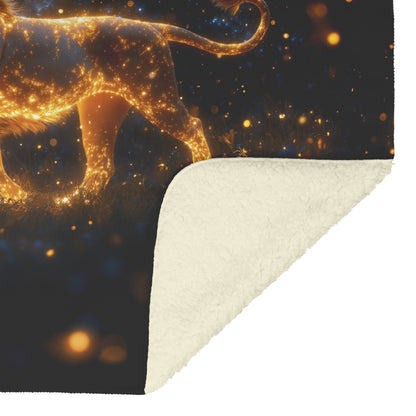 Lion with Glowing Golden Fur in Bioluminescent Forest Under Starry Night Sky Fleece Sherpa Blanket - Awakening Righteousness