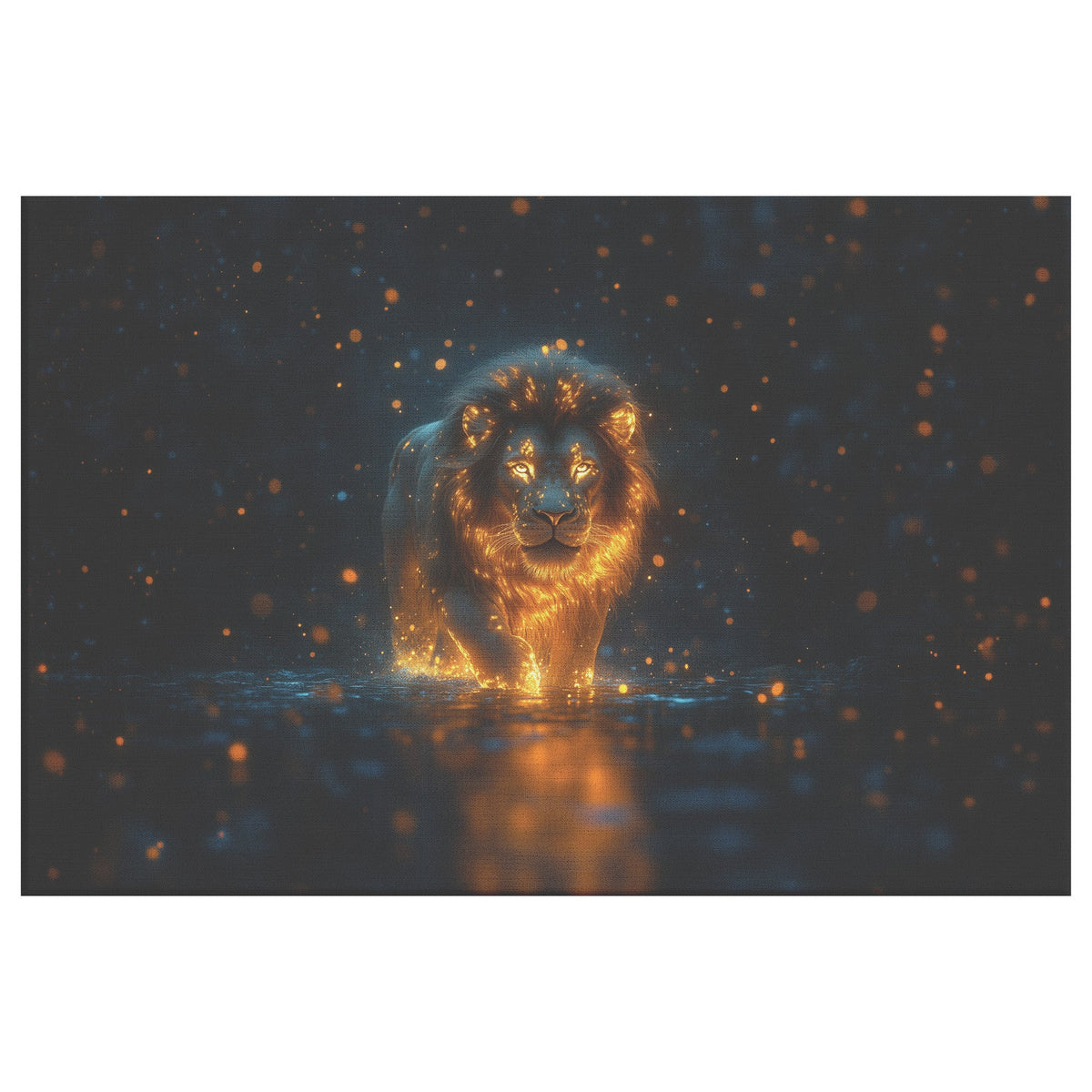 Lion with Glowing Golden Fur Walking Gracefully in Bioluminescent Forest Under Starry Night Sky Canvas Wall Art Decor - Awakening Righteousness