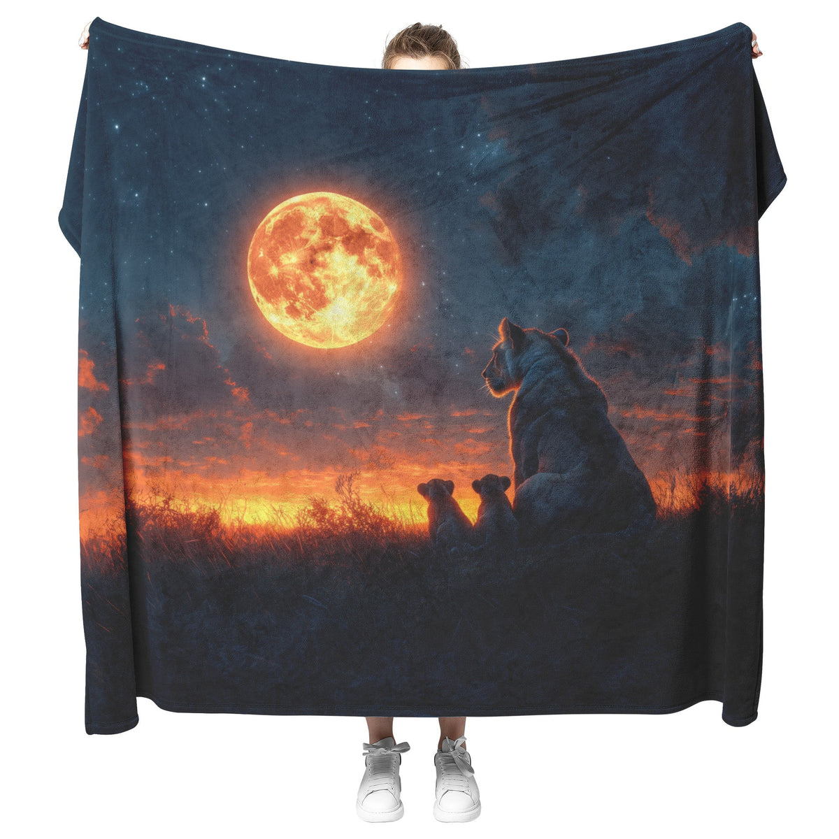 Lioness Protectively Sitting with Cubs in Glowing Savanna Under Soft Moonlight Fleece Sherpa Blanket - Awakening Righteousness