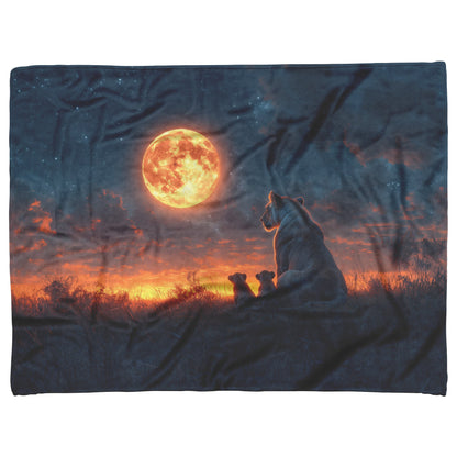 Lioness Protectively Sitting with Cubs in Glowing Savanna Under Soft Moonlight Fleece Sherpa Blanket - Awakening Righteousness