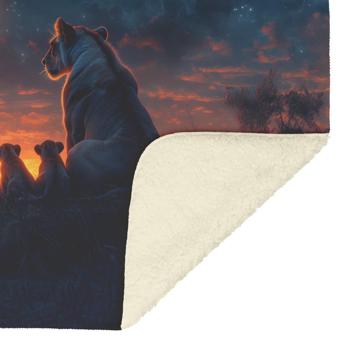 Lioness Protectively Sitting with Cubs in Glowing Savanna Under Soft Moonlight Fleece Sherpa Blanket - Awakening Righteousness