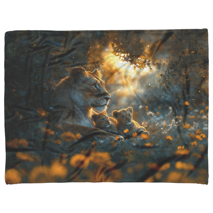 Lioness Sitting Protectively with Cubs in Glowing Savanna Under Soft Moonlight Fleece Sherpa Blanket - Awakening Righteousness