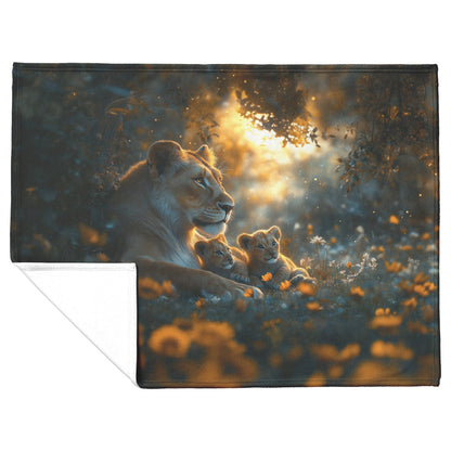 Lioness Sitting Protectively with Cubs in Glowing Savanna Under Soft Moonlight Fleece Sherpa Blanket - Awakening Righteousness