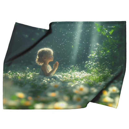 Little Girl Praying in Dreamy Garden with White Daisies Cozy Christian Fleece Sherpa Blanket - Awakening Righteousness