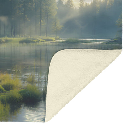 Llama Beside Crystal Clear Lake Reflecting Twilight Sky Lush Green Trees Soft Mist Sherpa Fleece Blanket - Awakening Righteousness