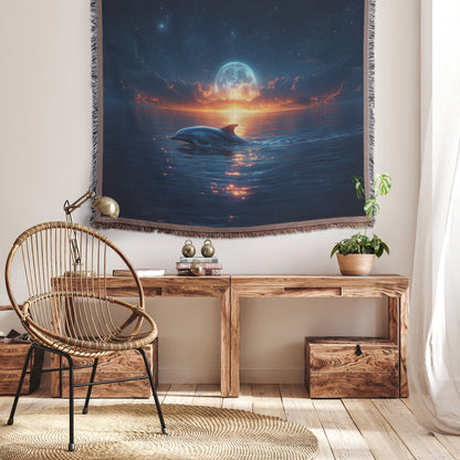 Lone Dolphin Swimming Under Glowing Moonlight in Peaceful Ocean Surrounded by Shimmering Reflections Woven Throw Blanket - Awakening Righteousness
