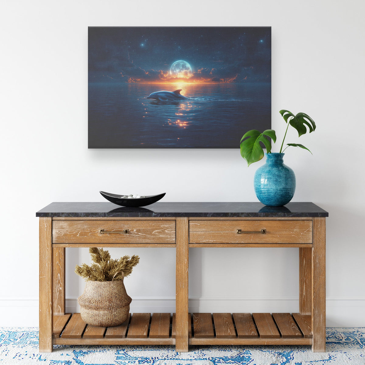 Lone Dolphin Swimming Under Glowing Moonlight in Peaceful Ocean with Shimmering Reflections Canvas Wall Art Decor - Awakening Righteousness