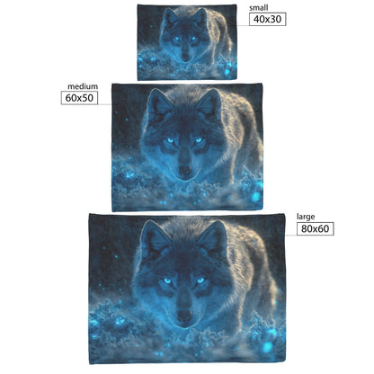 Lone Grey Wolf Walking Through Bioluminescent Forest Glowing Blue Light and Plants Cozy Sherpa Blanket - Awakening Righteousness