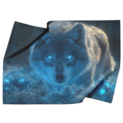 Lone Grey Wolf Walking Through Bioluminescent Forest Glowing Blue Light and Plants Cozy Sherpa Blanket - Awakening Righteousness