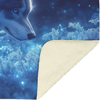 Lone Grey Wolf Walking Through Bioluminescent Forest Glowing Blue Light and Plants Cozy Sherpa Blanket - Awakening Righteousness