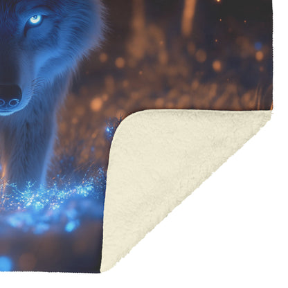 Lone Grey Wolf Walking Through Bioluminescent Forest Glowing Blue Light and Plants Cozy Sherpa Blanket - Awakening Righteousness