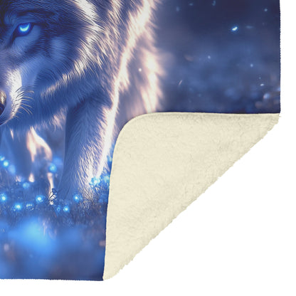 Lone Grey Wolf Walking Through Bioluminescent Forest Glowing Blue Light and Plants Cozy Sherpa Blanket - Awakening Righteousness