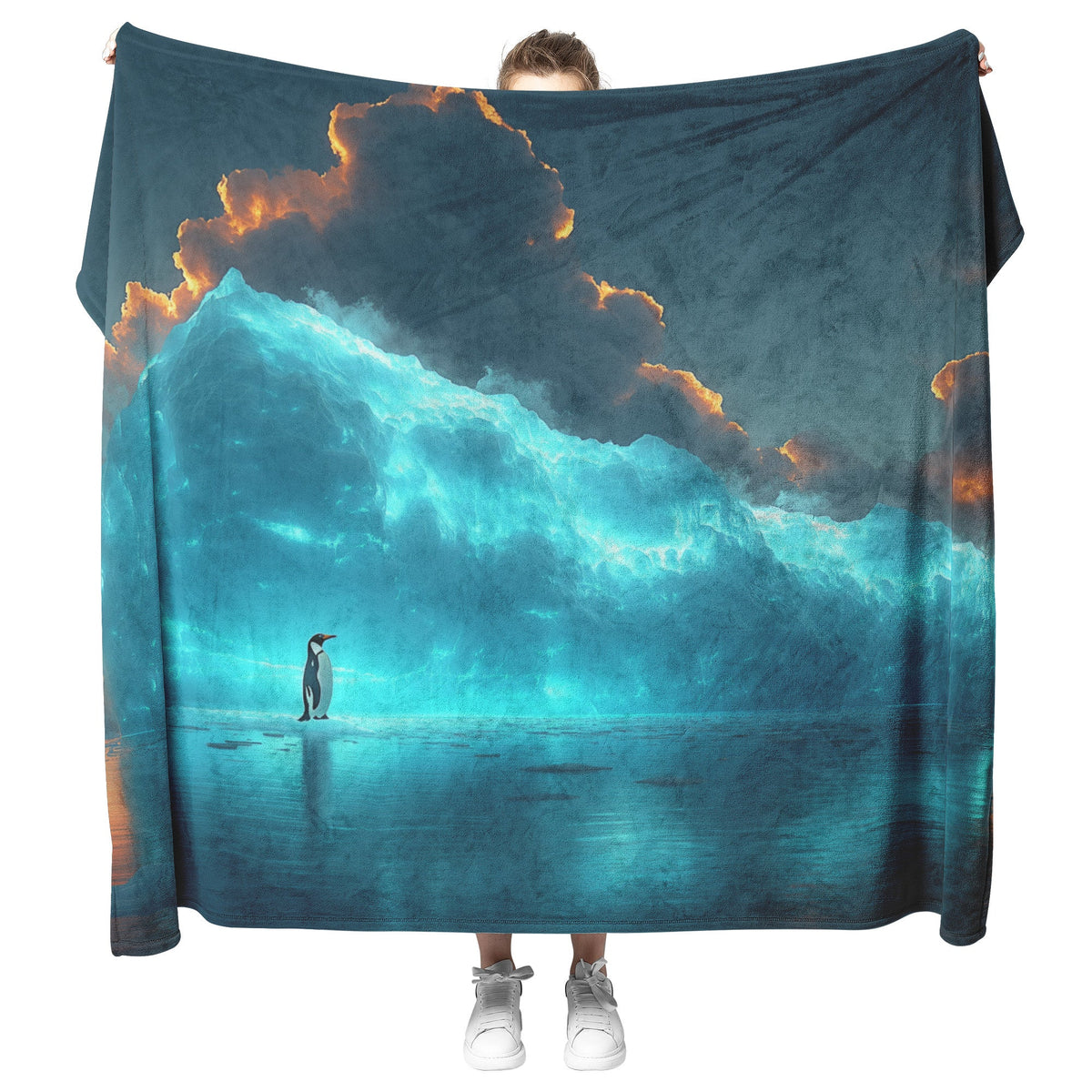 Lone Penguin on Glowing Blue Iceberg in Crystal Arctic Waters Under Twilight Sky Fleece Sherpa Blanket - Awakening Righteousness
