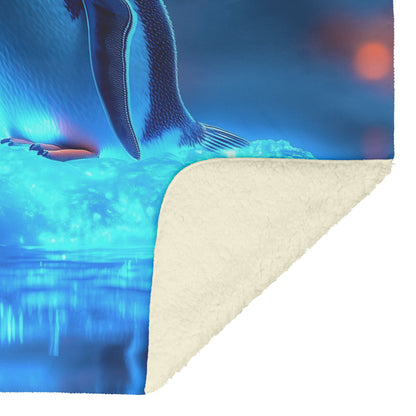Lone Penguin on Glowing Blue Iceberg in Crystal Arctic Waters Under Twilight Sky Fleece Sherpa Blanket - Awakening Righteousness