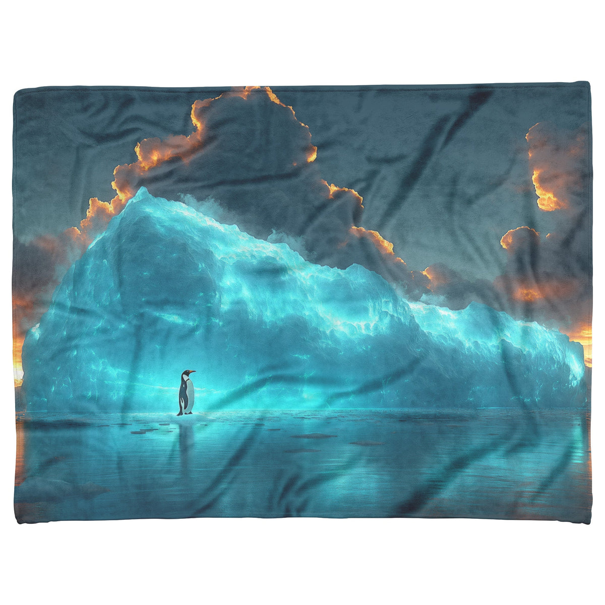 Lone Penguin on Glowing Blue Iceberg in Crystal Arctic Waters Under Twilight Sky Fleece Sherpa Blanket - Awakening Righteousness