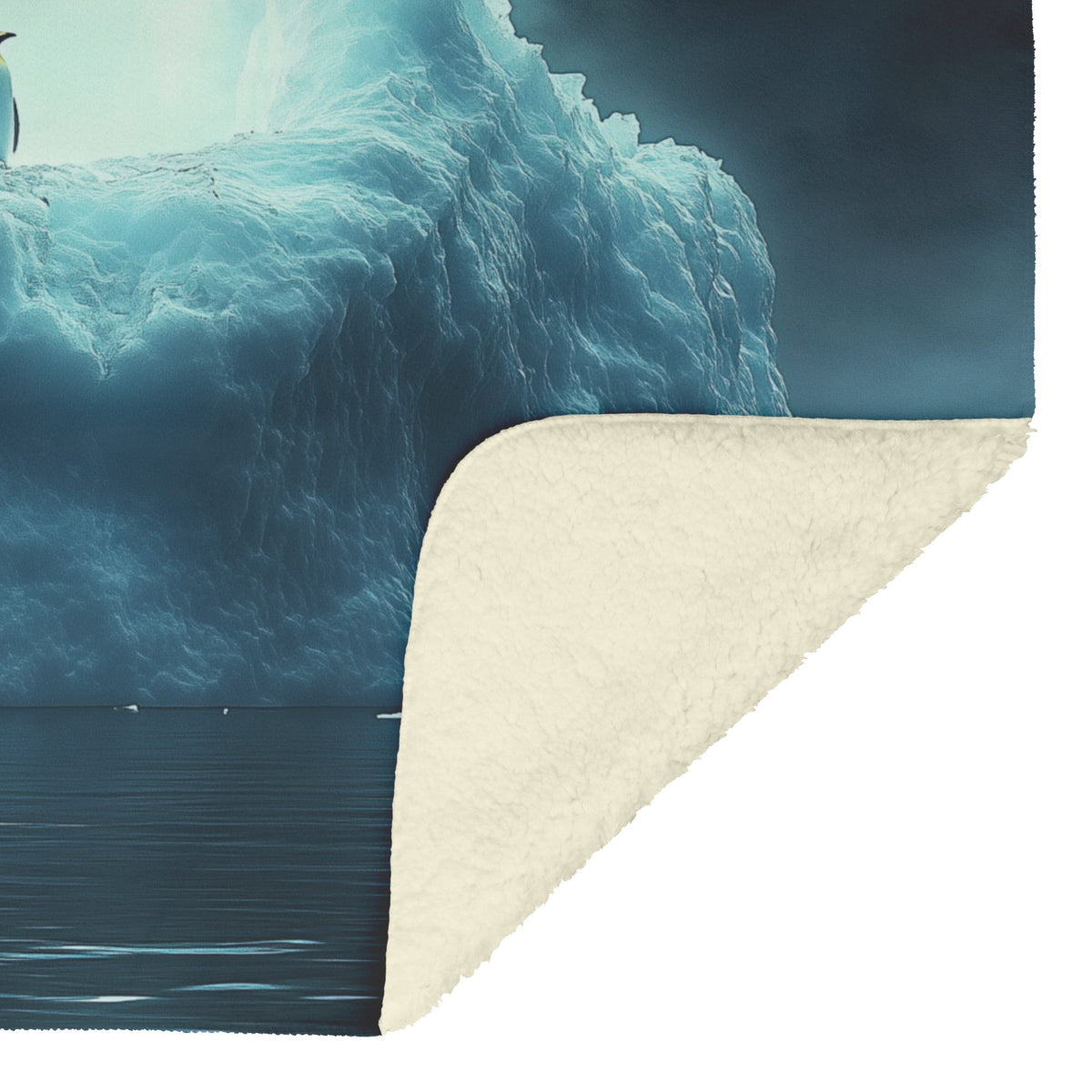 Lone Penguin on Glowing Blue Iceberg in Crystal Arctic Waters Under Twilight Sky Fleece Sherpa Blanket - Awakening Righteousness
