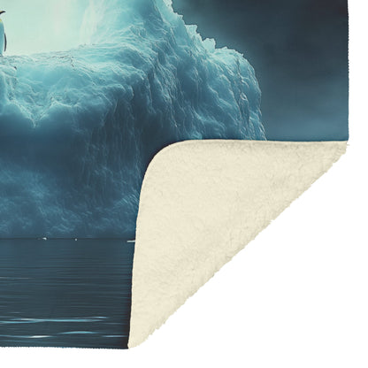 Lone Penguin on Glowing Blue Iceberg in Crystal Arctic Waters Under Twilight Sky Fleece Sherpa Blanket - Awakening Righteousness