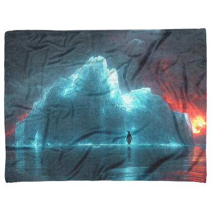 Lone Penguin on Glowing Blue Iceberg in Crystal Arctic Waters Under Twilight Sky Fleece Sherpa Blanket - Awakening Righteousness