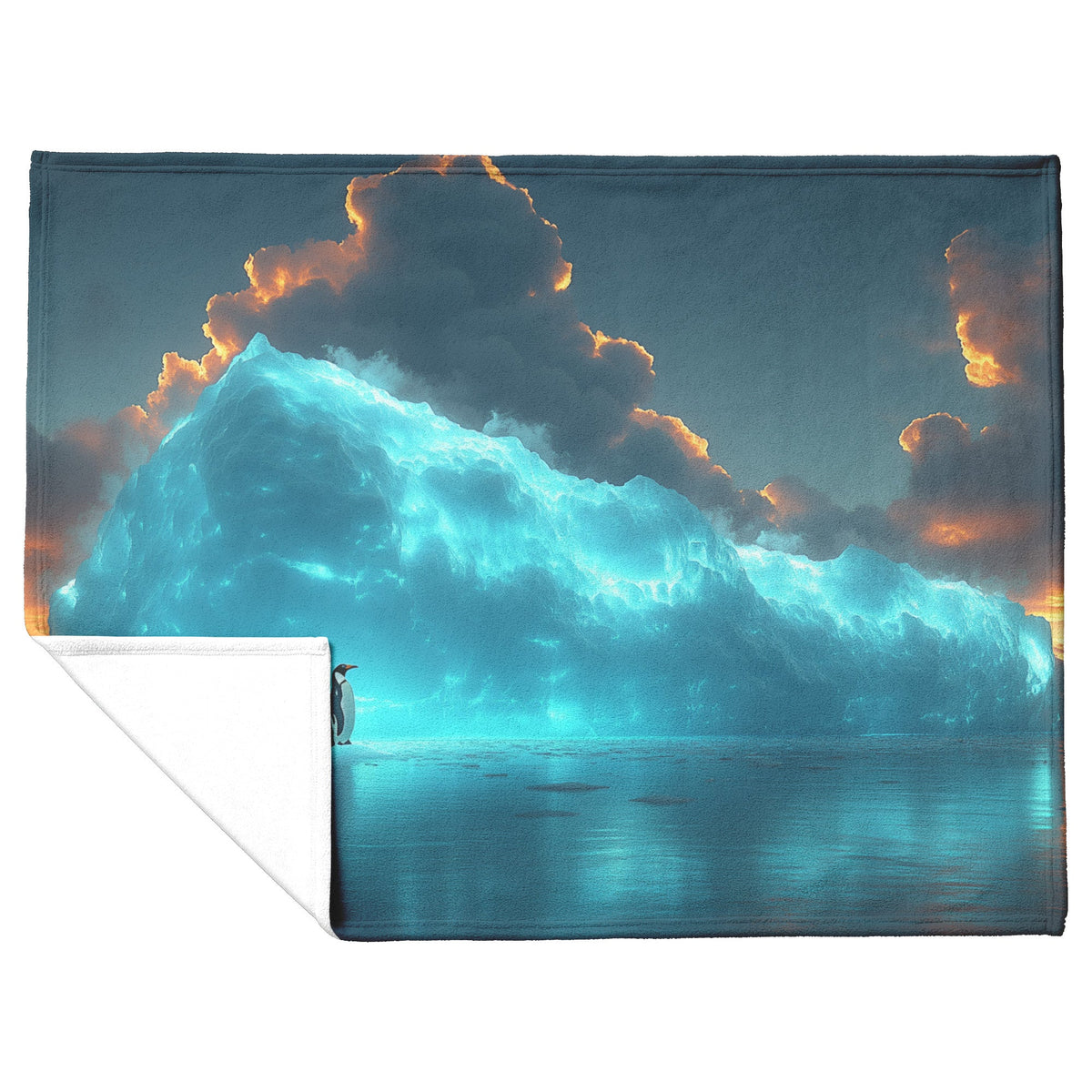 Lone Penguin on Glowing Blue Iceberg in Crystal Arctic Waters Under Twilight Sky Fleece Sherpa Blanket - Awakening Righteousness