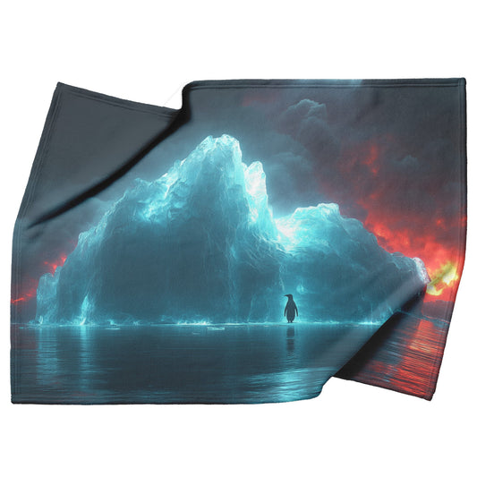Lone Penguin on Glowing Blue Iceberg in Crystal Arctic Waters Under Twilight Sky Fleece Sherpa Blanket - Awakening Righteousness